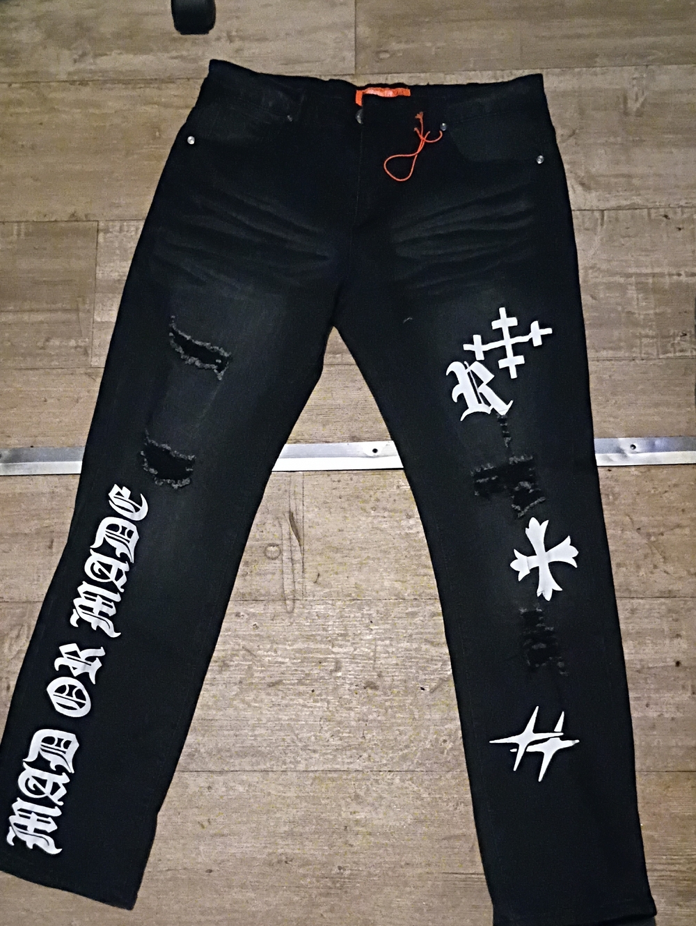 Men's Black Slim Straight Jeans with White Graphic Prints
